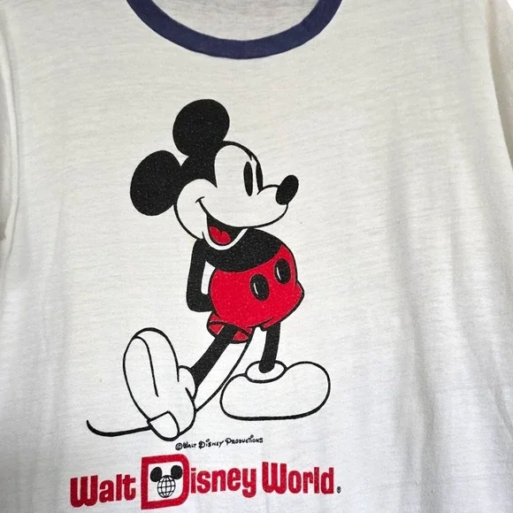 Vintage 70s Walt Disney World Ringer T-Shirt Mickey Mouse Single Stitch White...